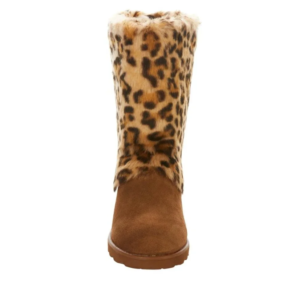 New BEARPAW Regina Suede Water- and Stain-Repellent Boot Faux Fur Leopard Size 7